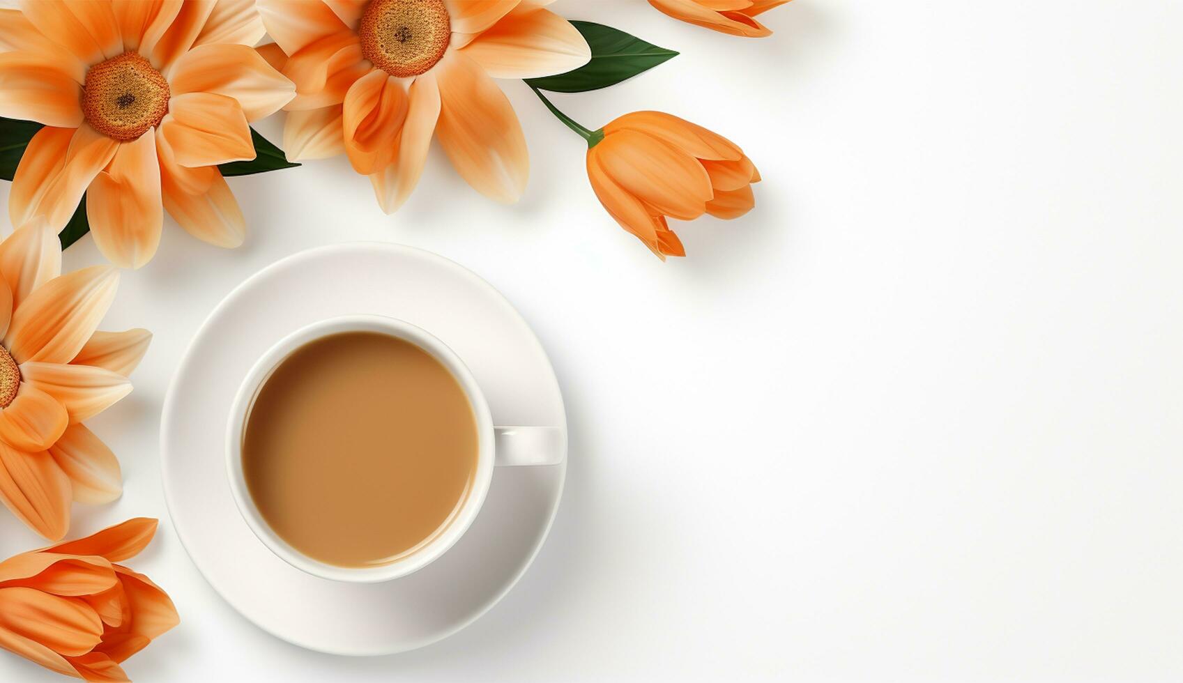 AI generated Cup of flat lay coffee on the table with tulip background photo