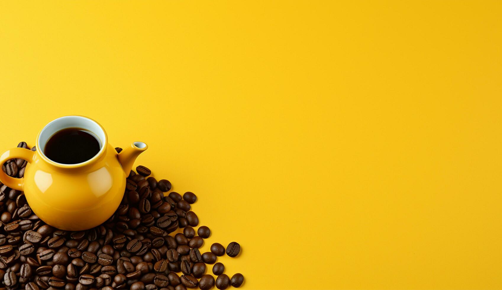 AI generated Cup of flat lay coffee on the table with tulip background photo