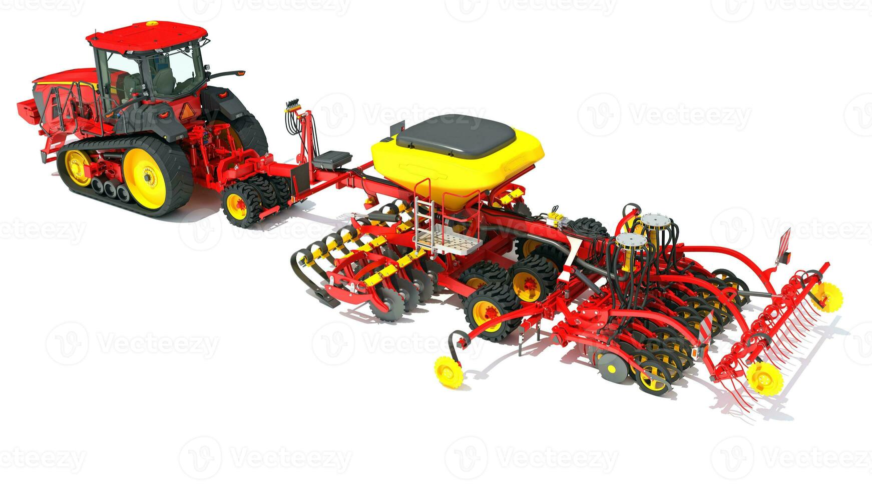 Tractor with Seed Drill farm equipment disc harrow 3D rendering on white background photo