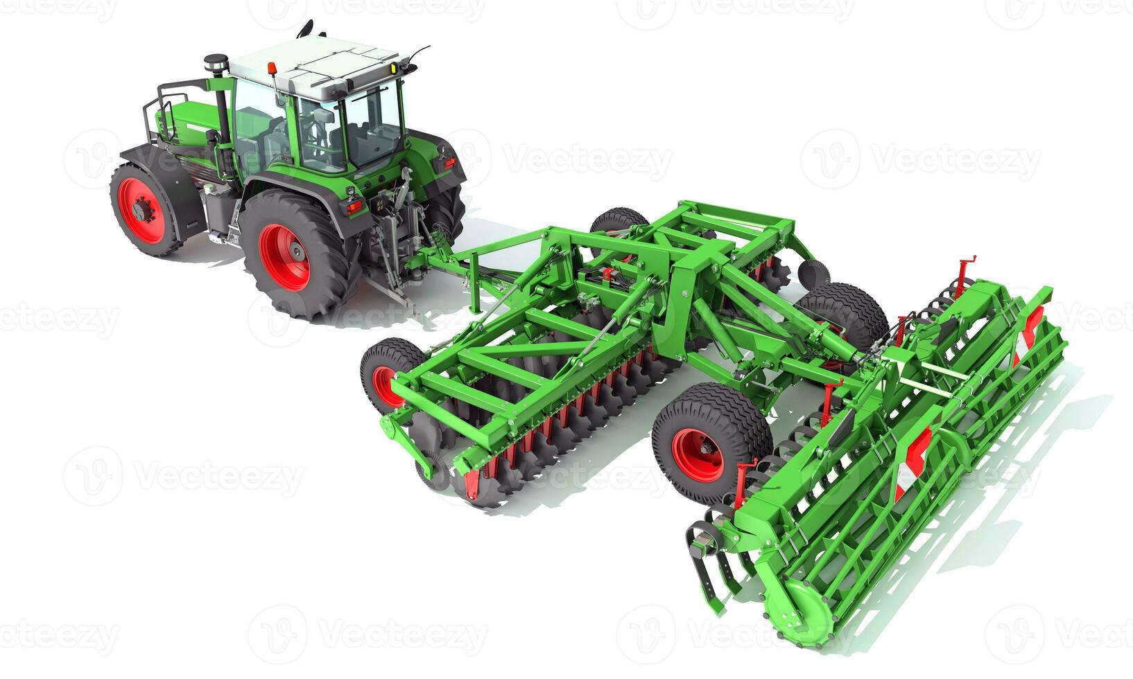 Farm Tractor with Trailed Disc Harrow 3D rendering on white background photo