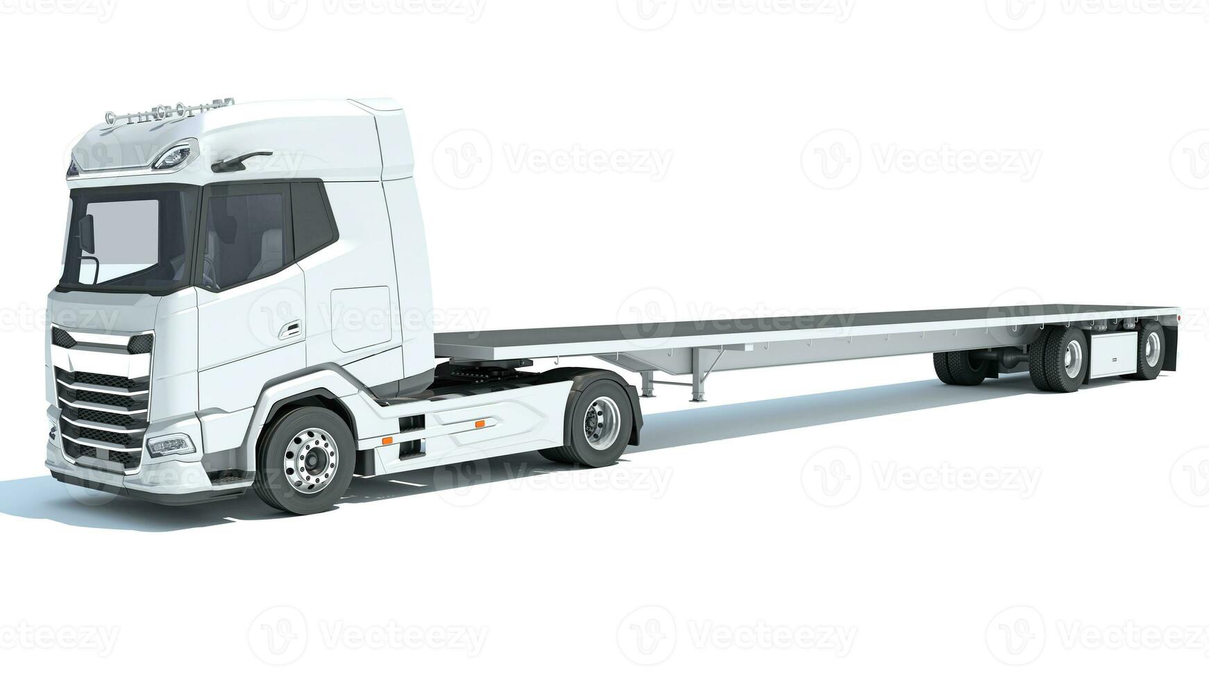 Truck with flatbed trailer 3D rendering on white background photo