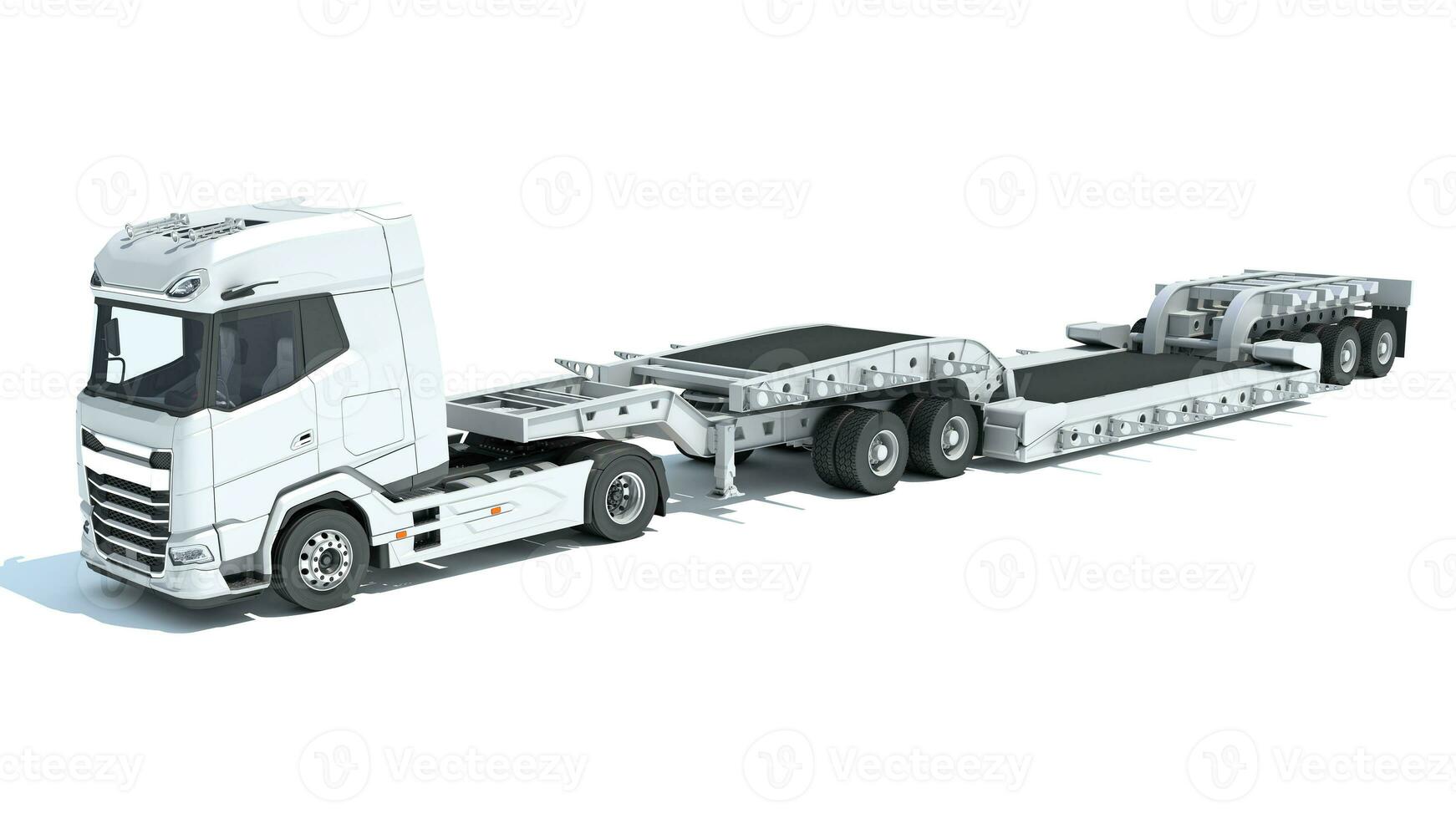 Semi Truck with Lowboy Platform Trailer 3D rendering on white background photo