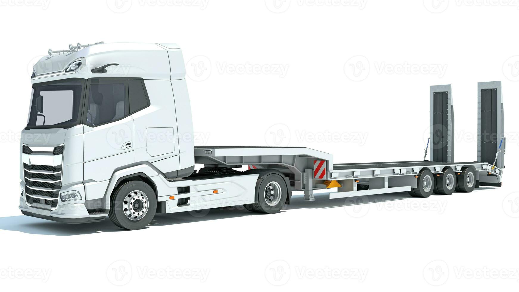 Truck with Lowboy Flatbed Trailer 3D rendering on white background photo