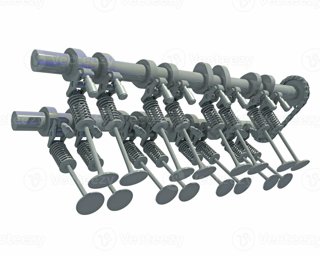 V8 Engine Camshaft Valves 3D rendering on white background photo