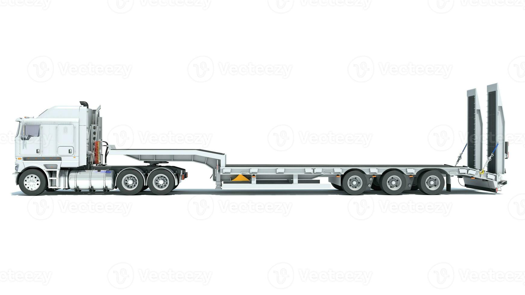 Truck with Lowboy Trailer 3D rendering on white background photo