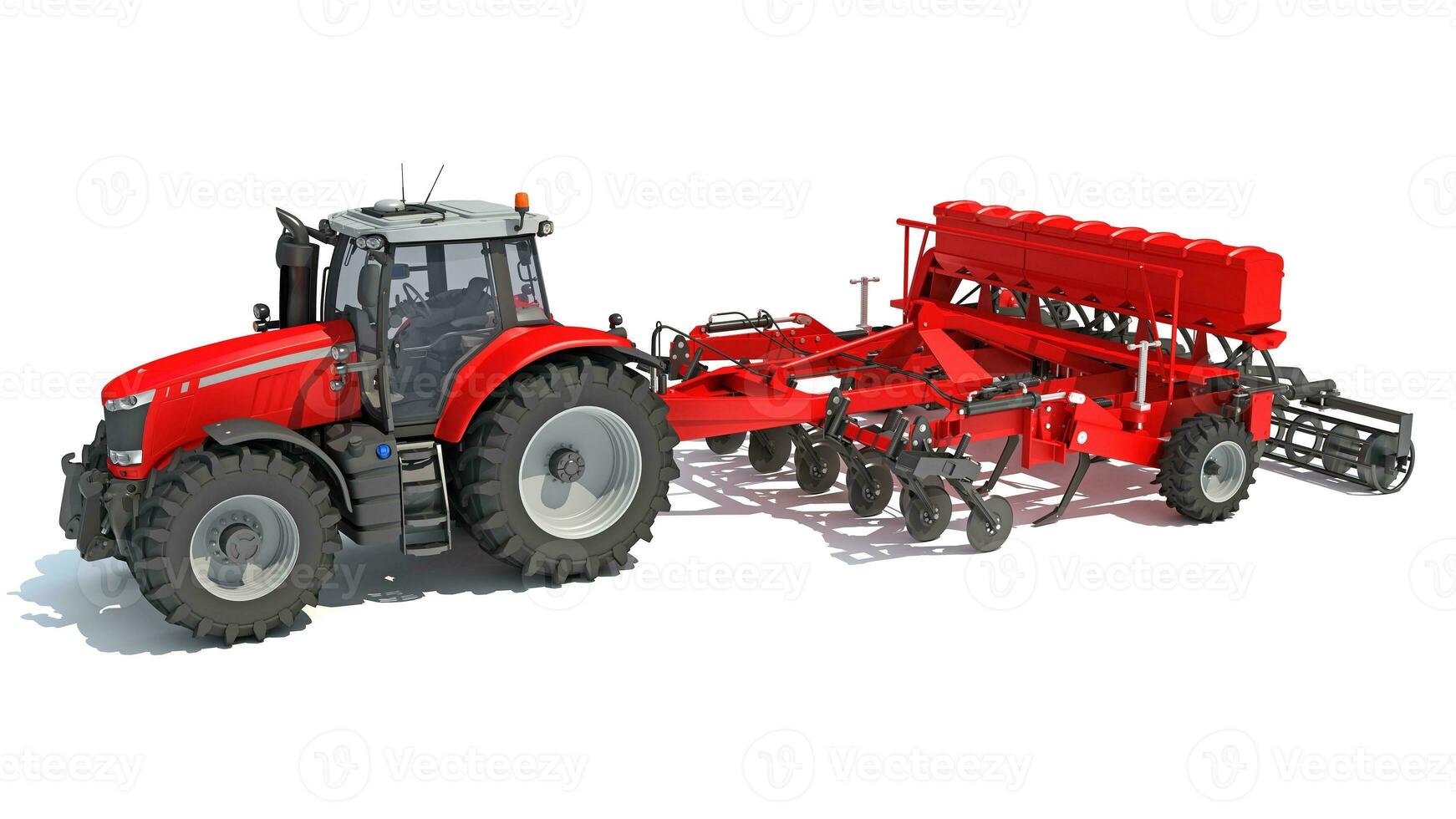 Farm Tractor with Seed Drill 3D rendering on white background photo