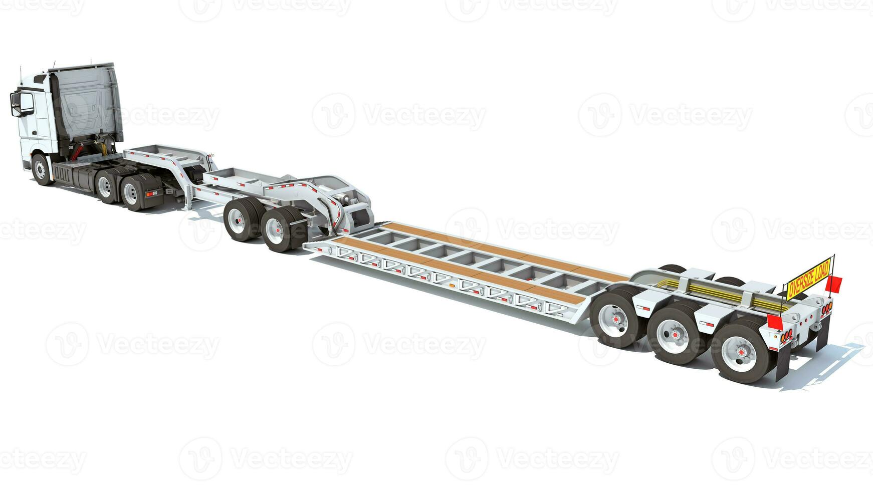 Semi Truck with Lowboy Platform Trailer 3D rendering on white background photo