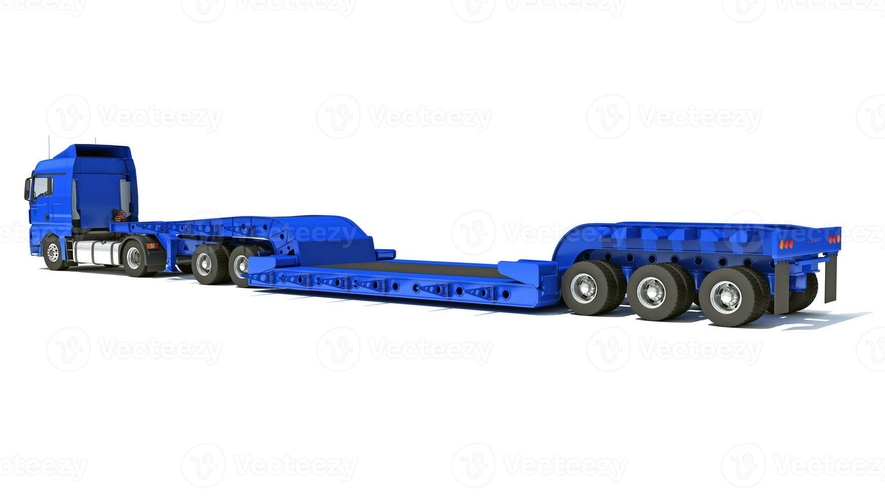 Semi Truck with Lowboy Platform Trailer 3D rendering on white background photo