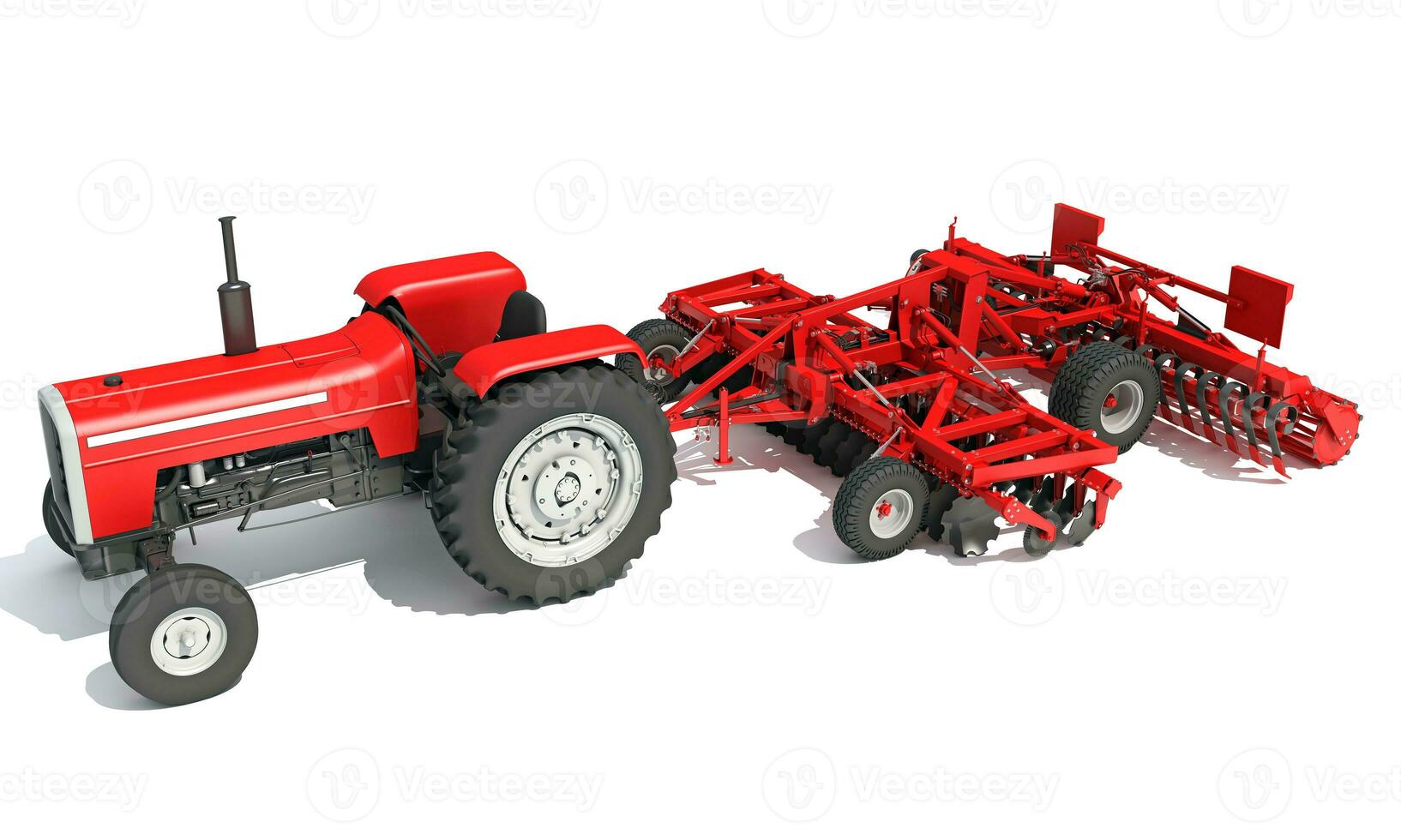 Tractor with Seed Drill farm equipment disc harrow 3D rendering on white background photo