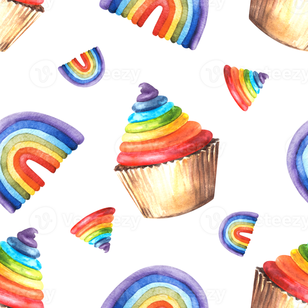 regnbåge muffins med flerfärgad grädde, glasyr, sömlös mönster. hand dragen vattenfärg illustration, mall för några begrepp, förpackning, textilier, HBTQ, fest, födelsedag bakgrund png