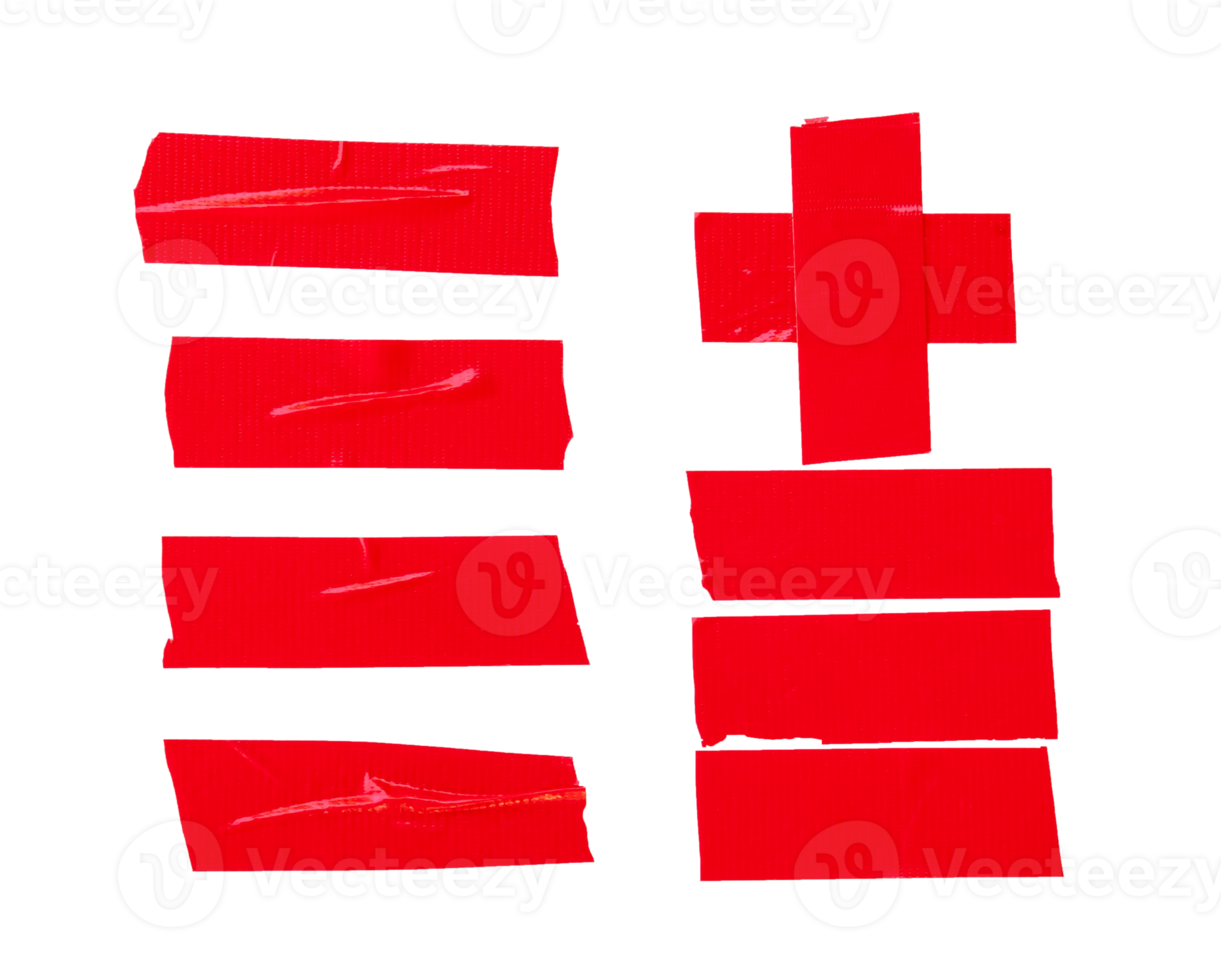 Top view of red adhesive vinyl tape or cloth tape stripes in set isolated with clipping path in png file format