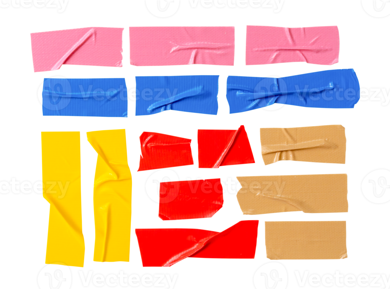 Top view set of torn multicolor adhesive vinyl or cloth tape in stripes isolated with clipping path in png file format