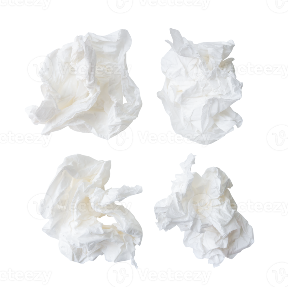 Top view of crumpled tissue paper or toilet paper in set after use in toilet or restroom isolated with clipping path in png file format