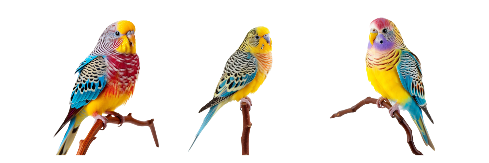 AI generated three colorful parakeets sitting on a branch png
