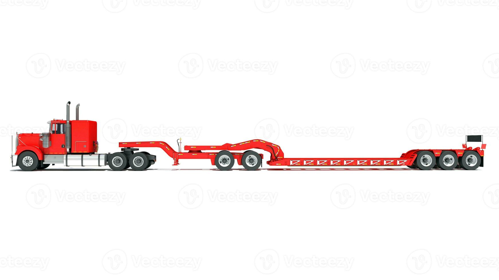 Semi Truck with Lowboy Platform Trailer 3D rendering on white background photo