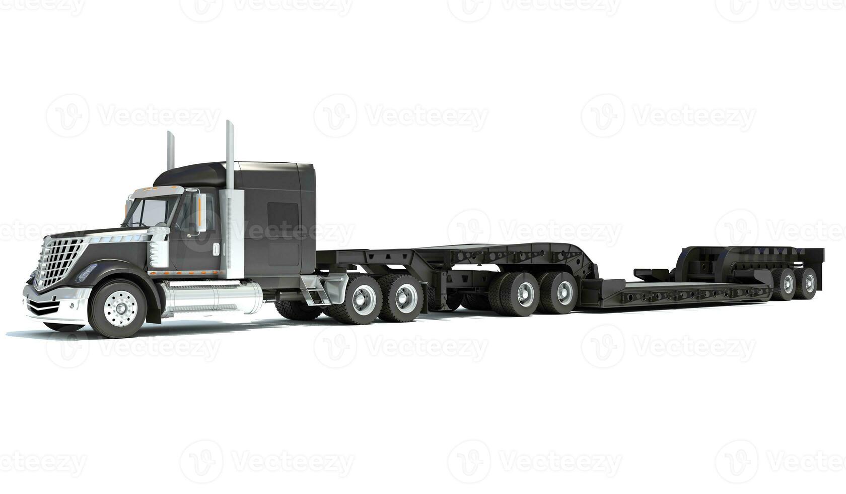 Semi Truck with Lowboy Platform Trailer 3D rendering on white background photo