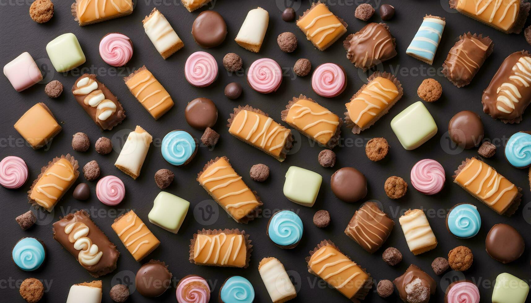 AI generated assorted sweets and candies on a black background photo