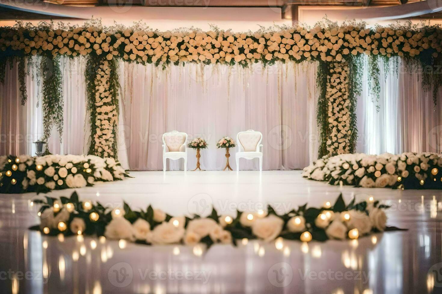 AI generated a wedding ceremony set up with white flowers and candles photo