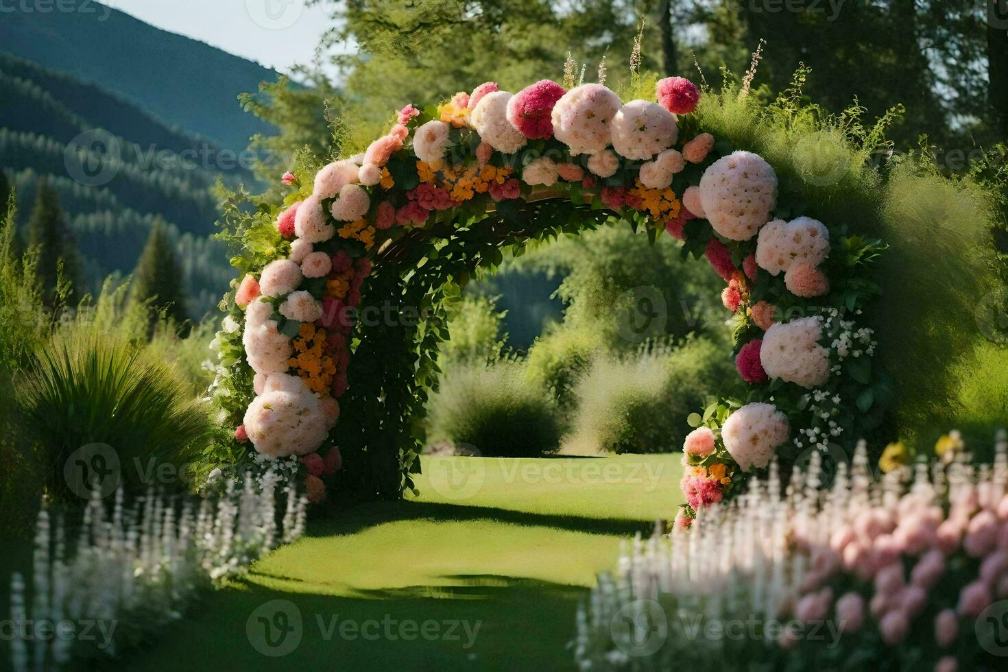 ai generado un Boda arco hecho de flores en el medio de un campo foto