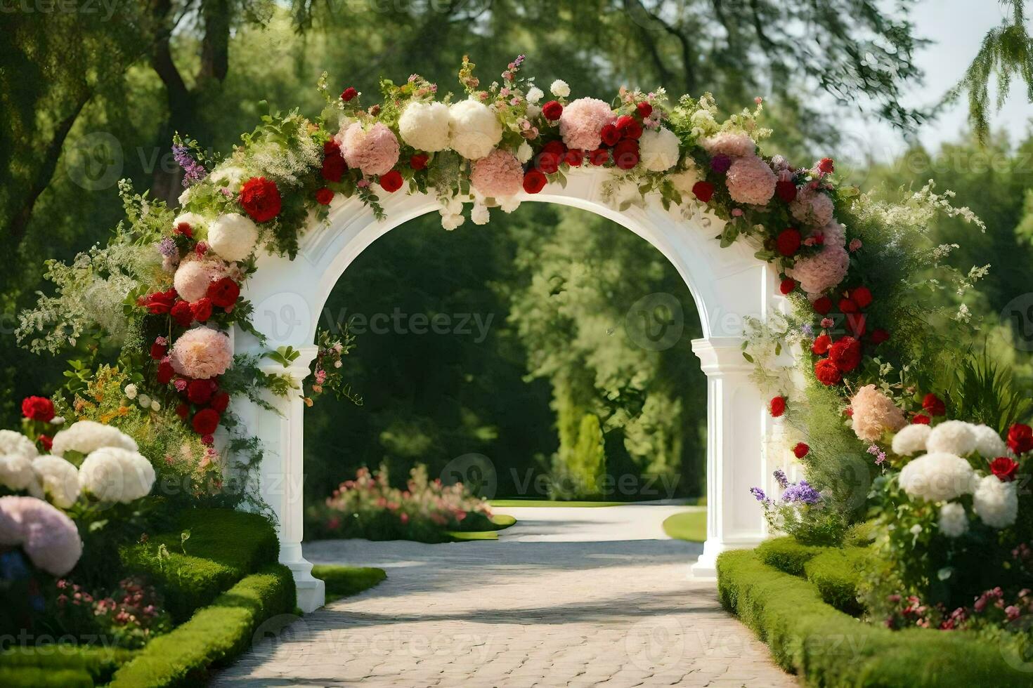 ai generado un blanco arco con rojo y blanco flores foto