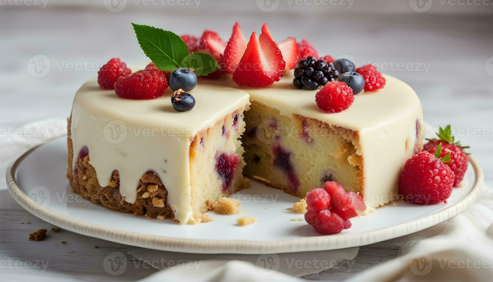 AI generated a cake with berries and cream on a white plate photo