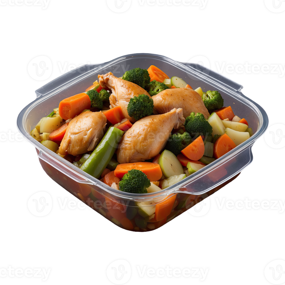 AI generated food in a container. stewed chicken, stewed vegetable isolated on transparent background png