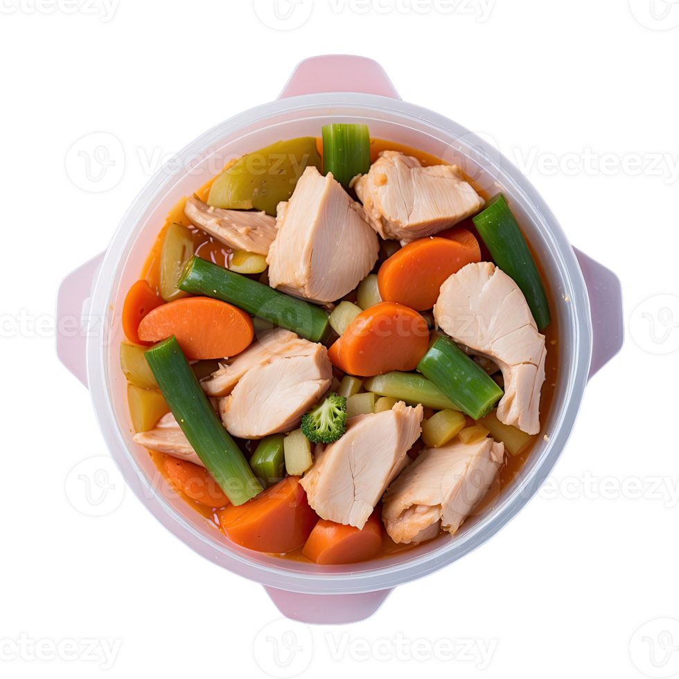 AI generated food in a container. stewed chicken, stewed vegetable isolated on transparent background png