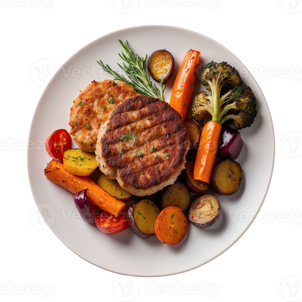 AI generated delicious cutlets with roasted vegetables isolated on transparent background png