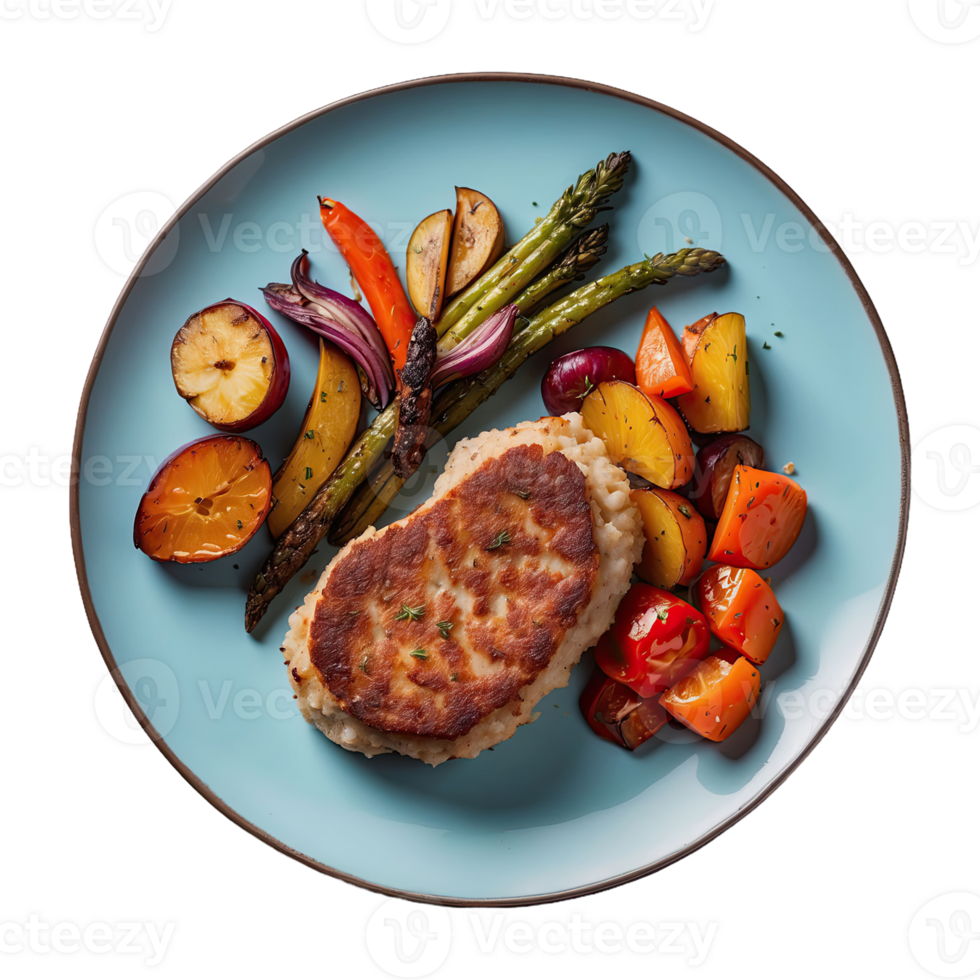 AI generated delicious cutlets with roasted vegetables isolated on transparent background png