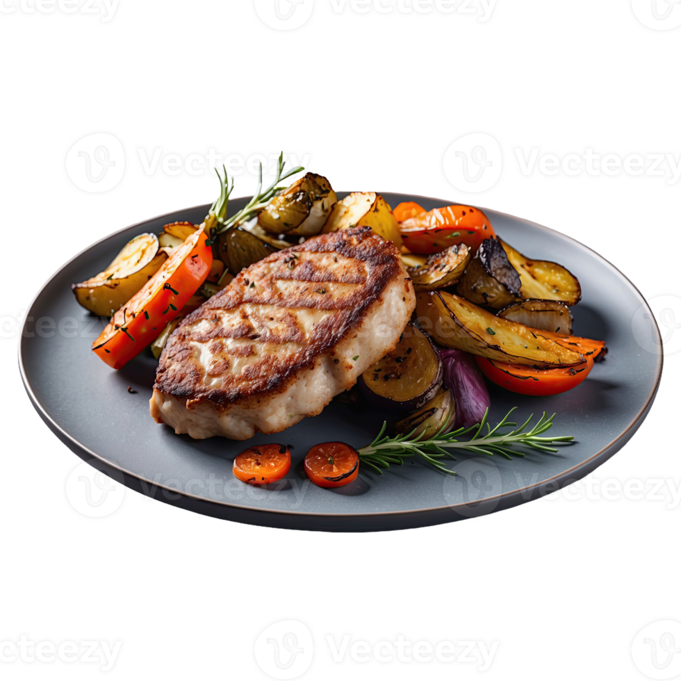 AI generated delicious cutlets with roasted vegetables isolated on transparent background png