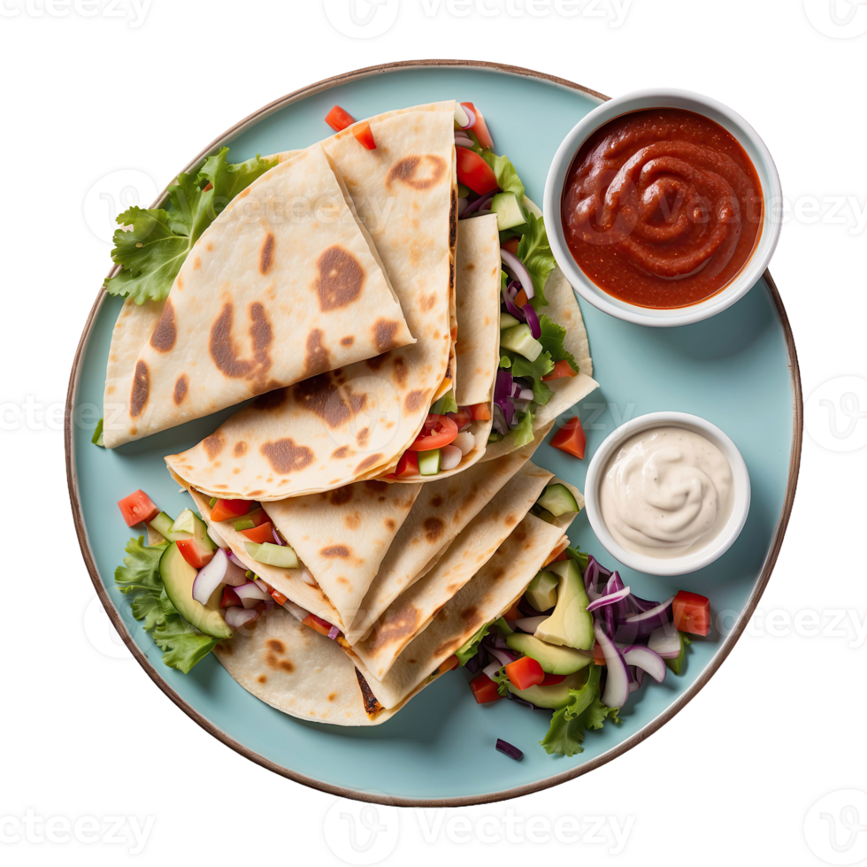 ai generado mexicano Quesadilla rebanado con vegetales y salsas aislado en transparente antecedentes png