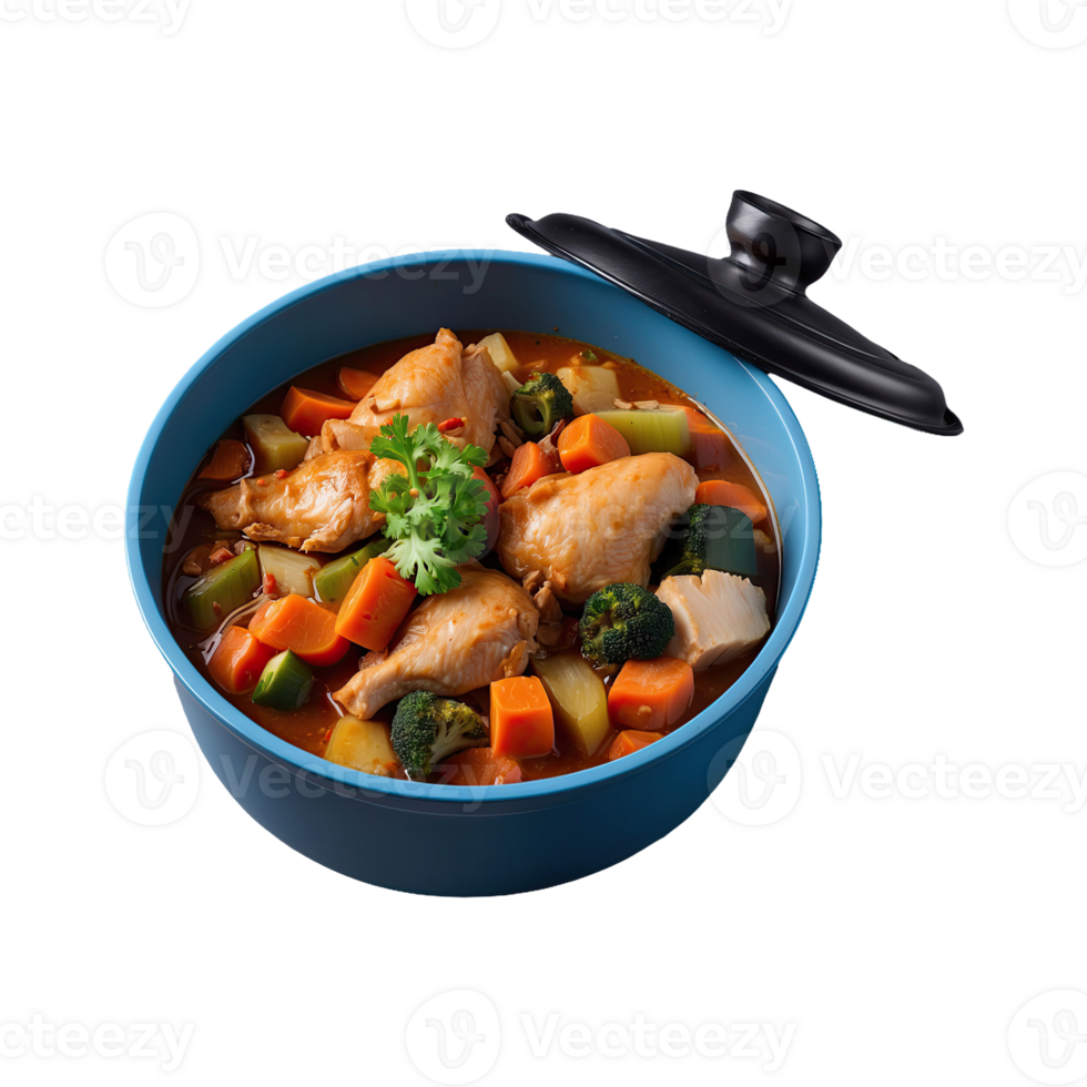 AI generated food in a container. stewed chicken, stewed vegetable isolated on transparent background png