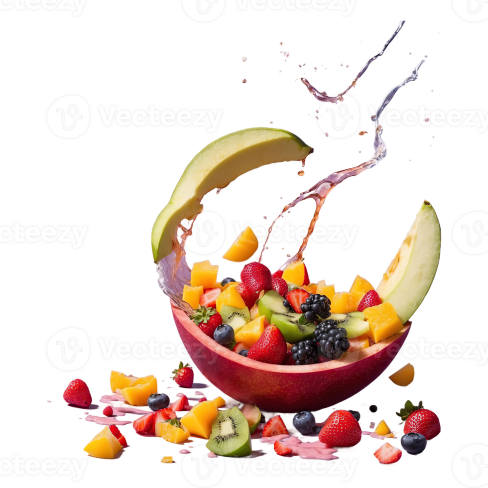 AI generated Fruit salad spilling on the floor was a mess of vibrant colors isolated on transparent background png