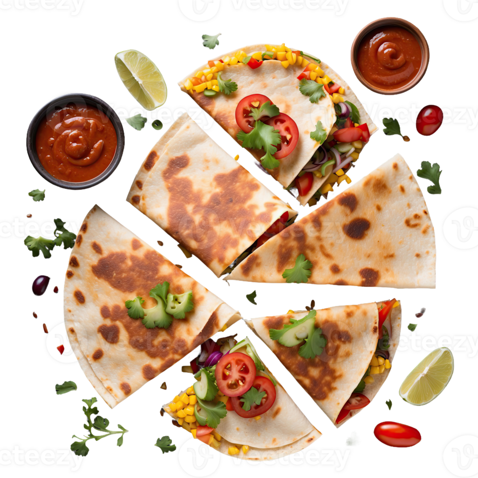 ai generado mexicano Quesadilla rebanado con vegetales y salsas aislado en transparente antecedentes png