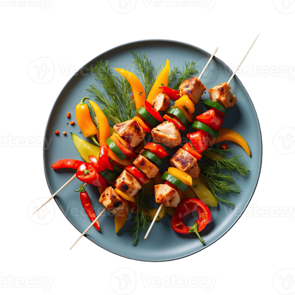 AI generated Chicken skewers with slices of sweet peppers and dill isolated on transparent background png