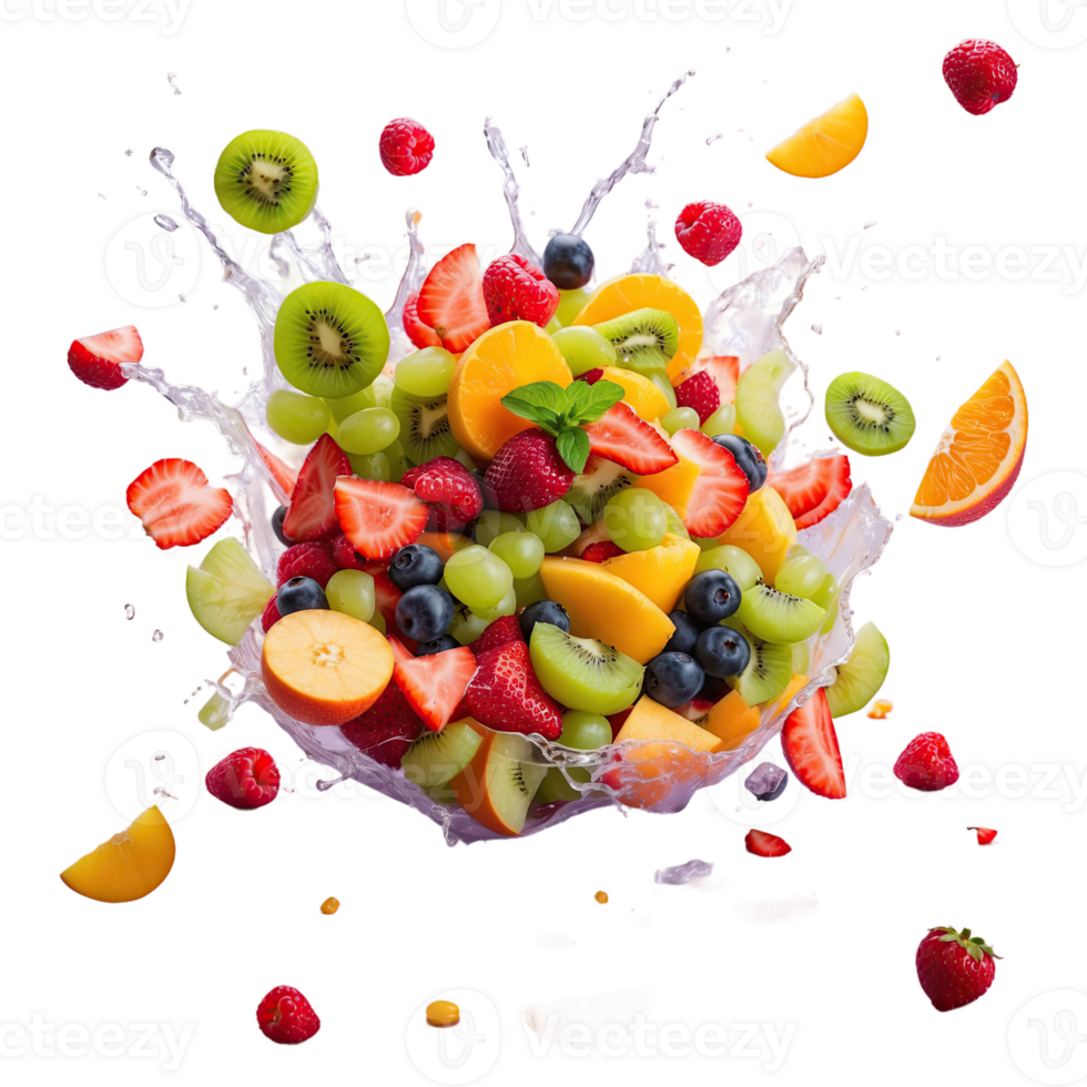 AI generated Fruit salad spilling on the floor was a mess of vibrant colors isolated on transparent background png