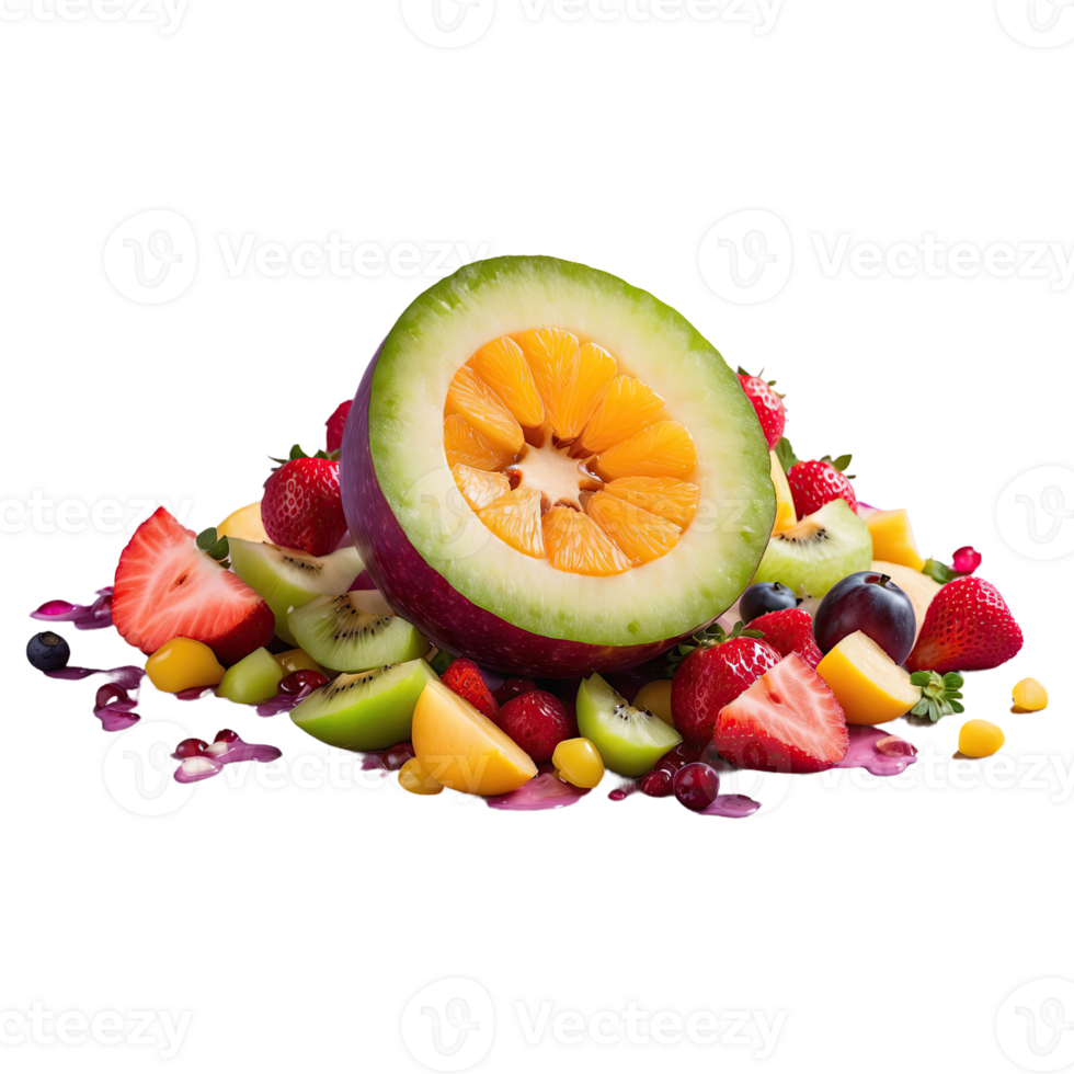 AI generated Fruit salad spilling on the floor was a mess of vibrant colors isolated on transparent background png