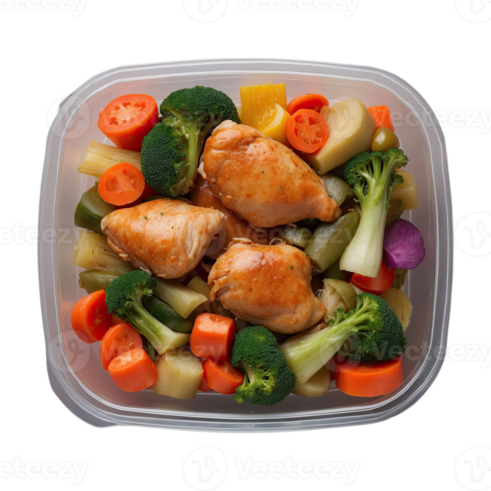 AI generated food in a container. stewed chicken, stewed vegetable isolated on transparent background png