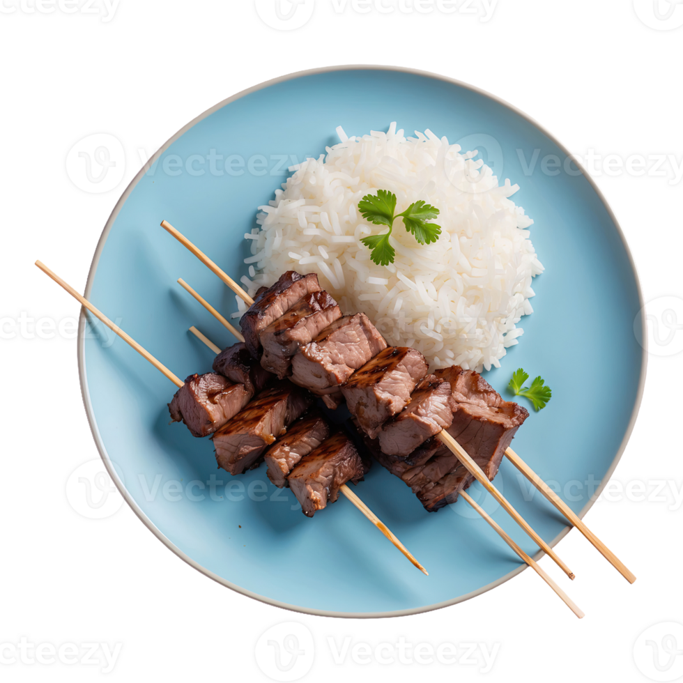 AI generated Grilled skewered milk beef with white sticky rice on plate isolated on transparent background png