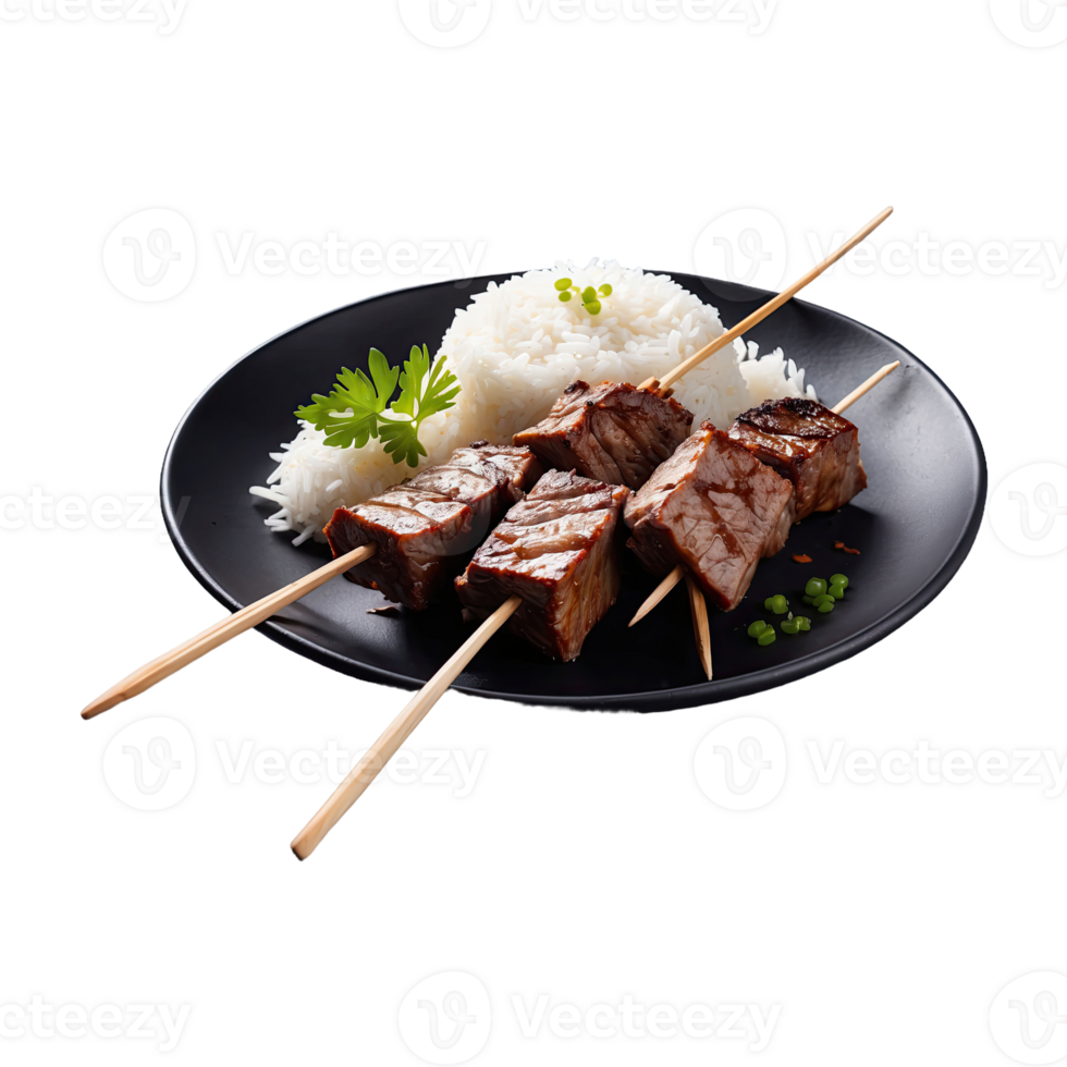 AI generated Grilled skewered milk beef with white sticky rice on plate isolated on transparent background png