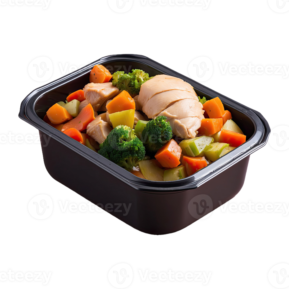 AI generated food in a container. stewed chicken, stewed vegetable isolated on transparent background png