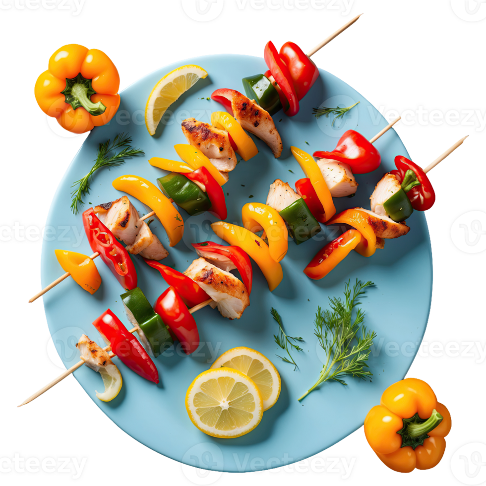 AI generated Chicken skewers with slices of sweet peppers and dill isolated on transparent background png