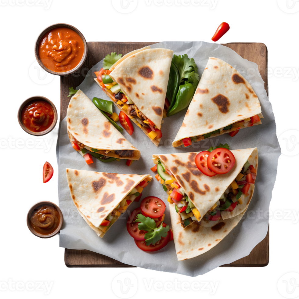 ai generado mexicano Quesadilla rebanado con vegetales y salsas aislado en transparente antecedentes png