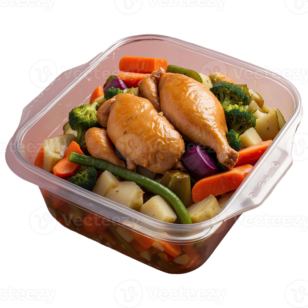 AI generated food in a container. stewed chicken, stewed vegetable isolated on transparent background png