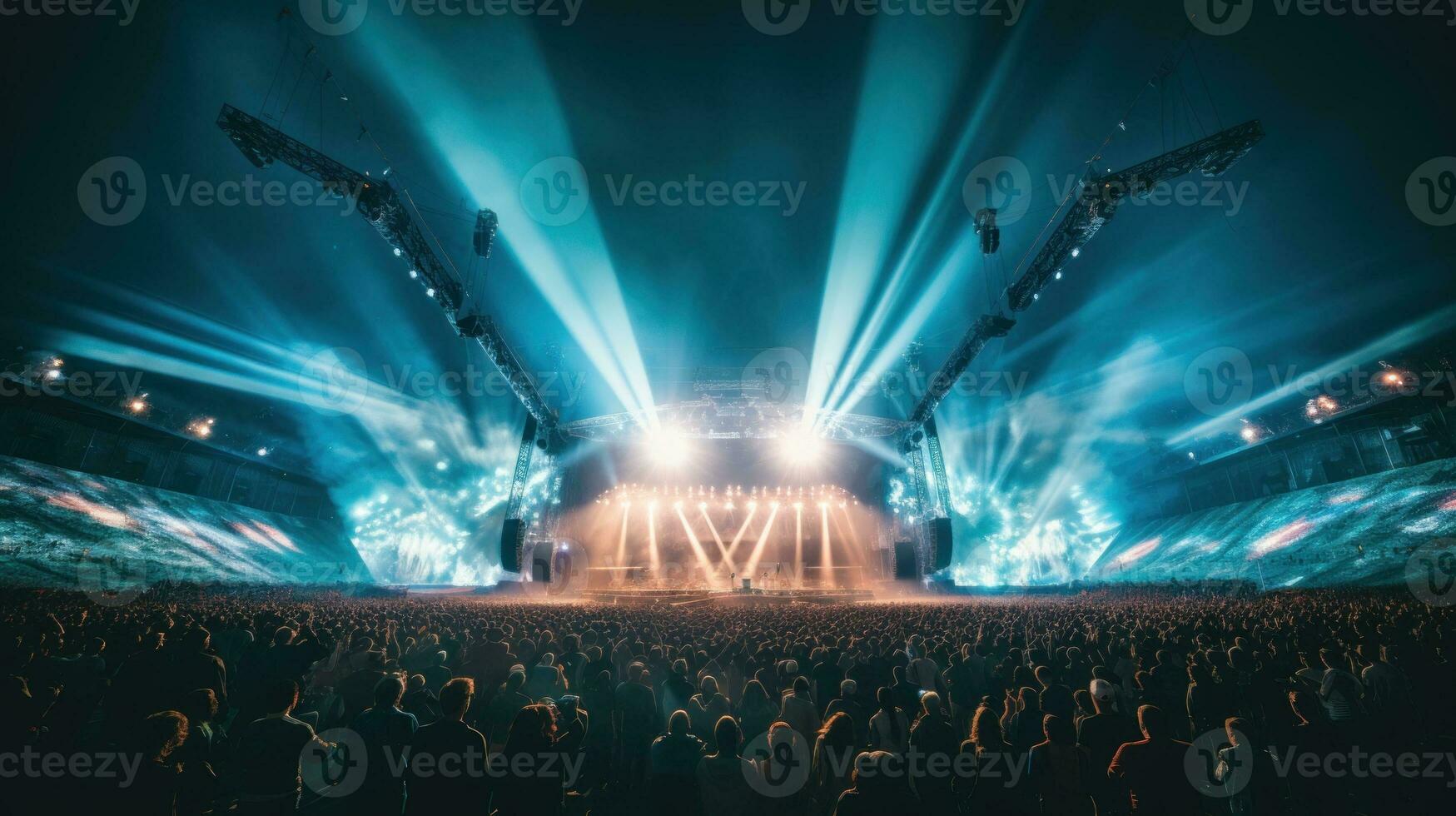 AI generated Concert crowd in front of a bright stage with lights and smoke photo