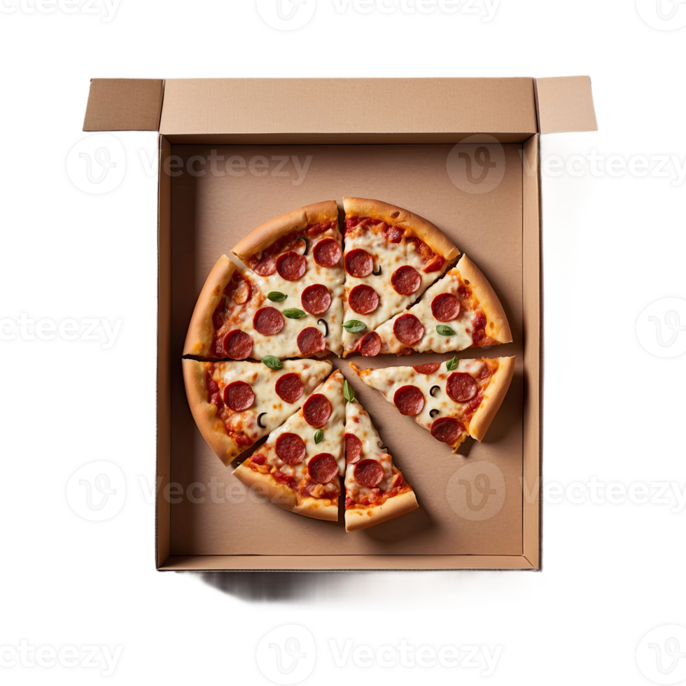 AI generated Pizza with Slice Cut in Craft Box isolated on transparent background png
