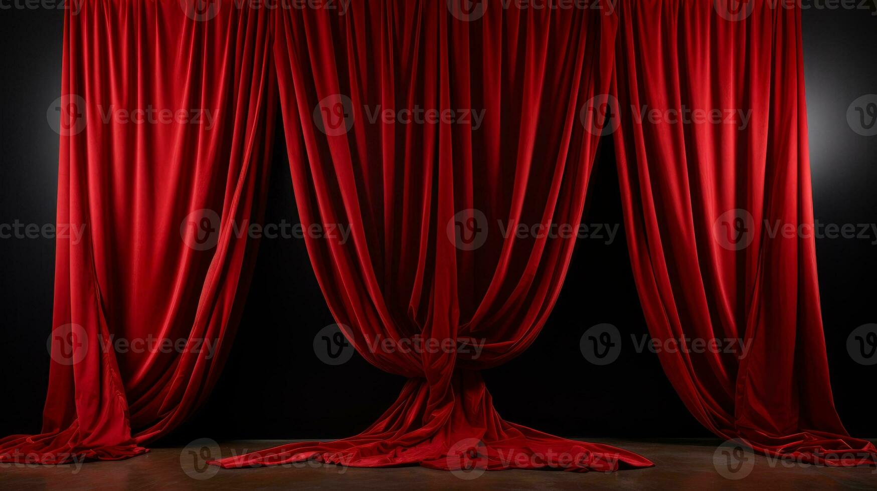 AI generated Red velvet curtain on dark background. 3d render illustration mock up photo