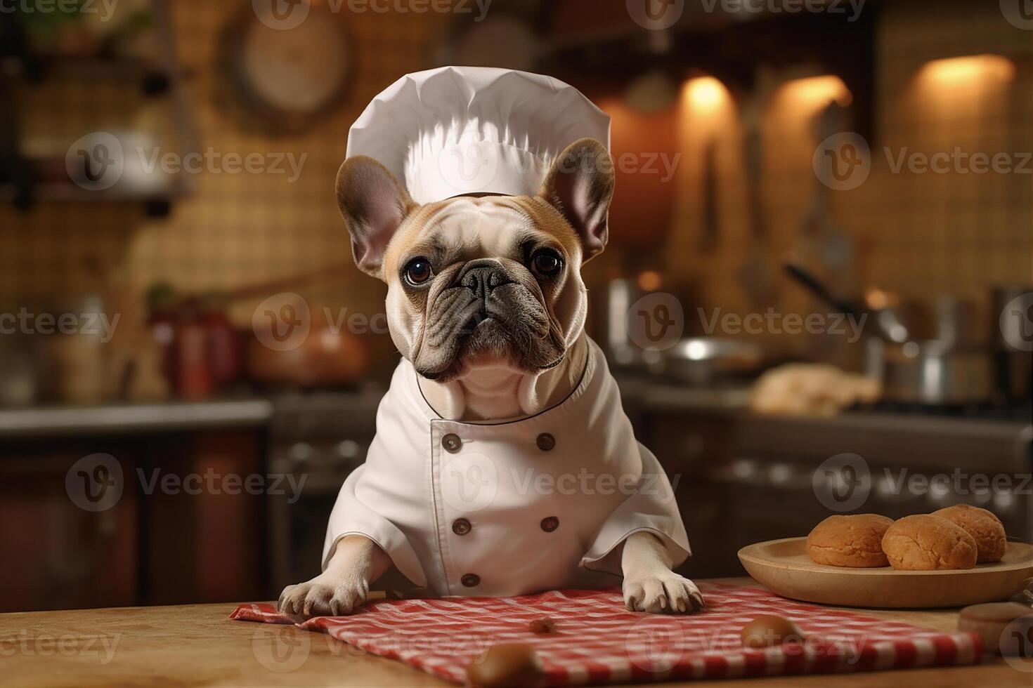 Funny image of a French Bulldog in a chef costume, showcasing culinary humor in the kitchen setting. Copy space Perfect for food-related projects and entertainment-themed designs, photo