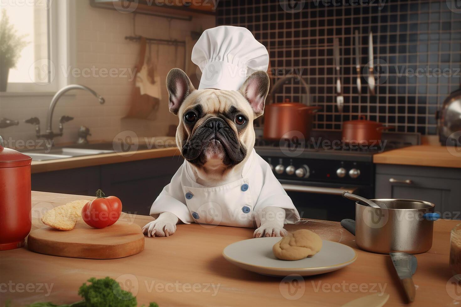 Funny image of a French Bulldog in a chef costume, showcasing culinary humor in the kitchen setting. Copy space Perfect for food-related projects and entertainment-themed designs, photo