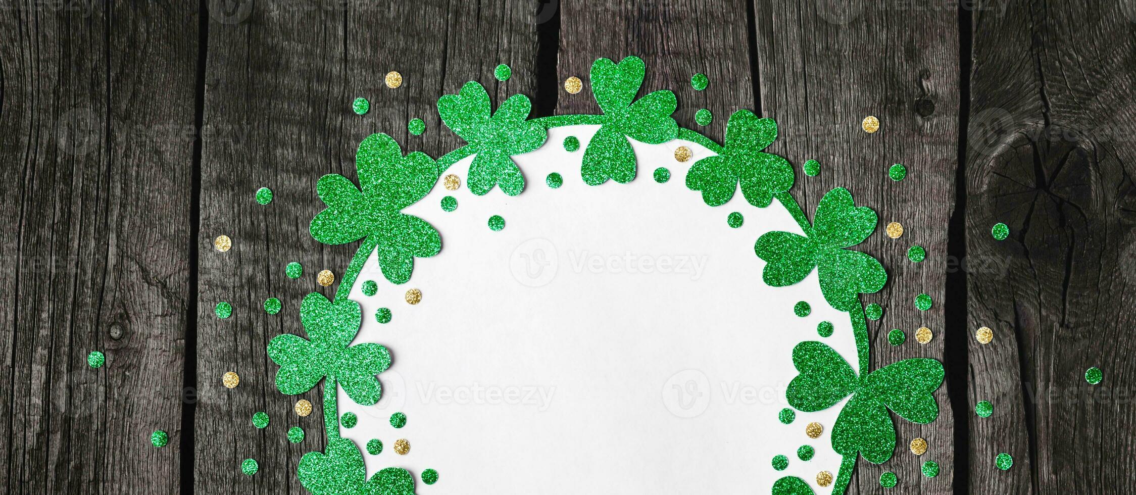 St. Patricks Day background. Happy St.Patricks Day shamrock and confetti frame, banner format photo